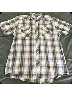 Route 66 Men's XL Plaid Short Sleeve Button-Front Cotton Shirt Blue Gray White